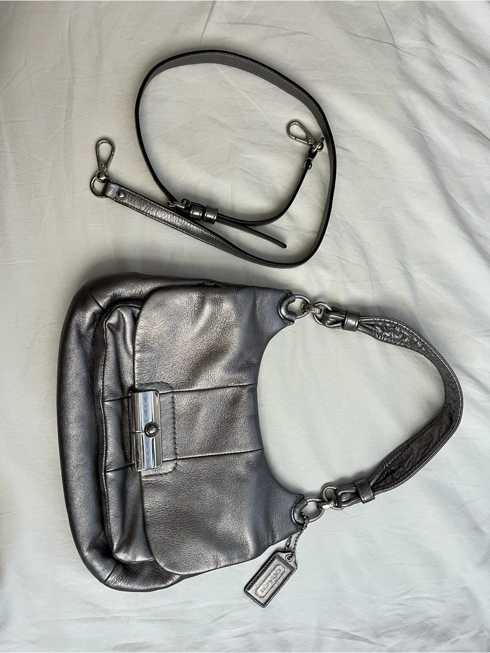 Coach Metallic Silver Leather Shoulder Bag with Removable Strap